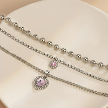 Load image into Gallery viewer, 3- Layered Women&#39;s Necklace Choker Rhine stones and Pink Heart
