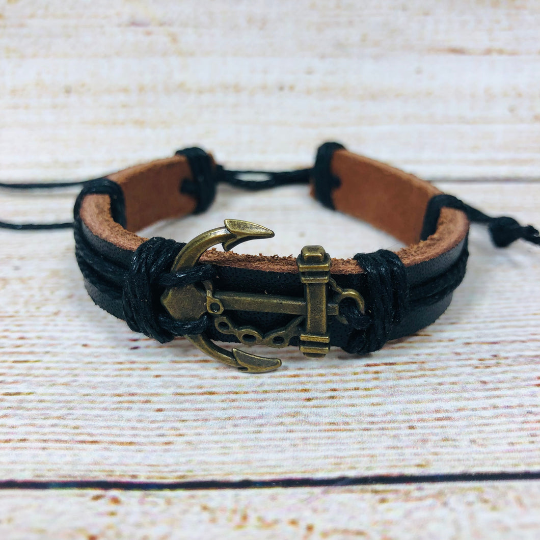 Unisex Urban Leather Bracelet Brass Anchor