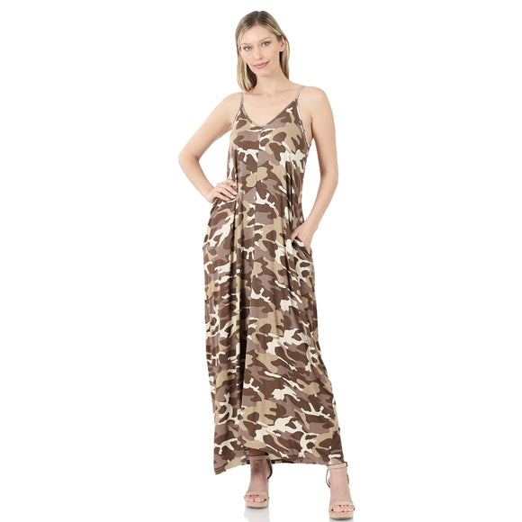 Sleeveless V Neck Camo Adjustable Cami Maxi Dress