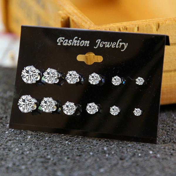 Multi Size Clear Rhinestones Fashion Stud Earrings 6 PAIRS SET