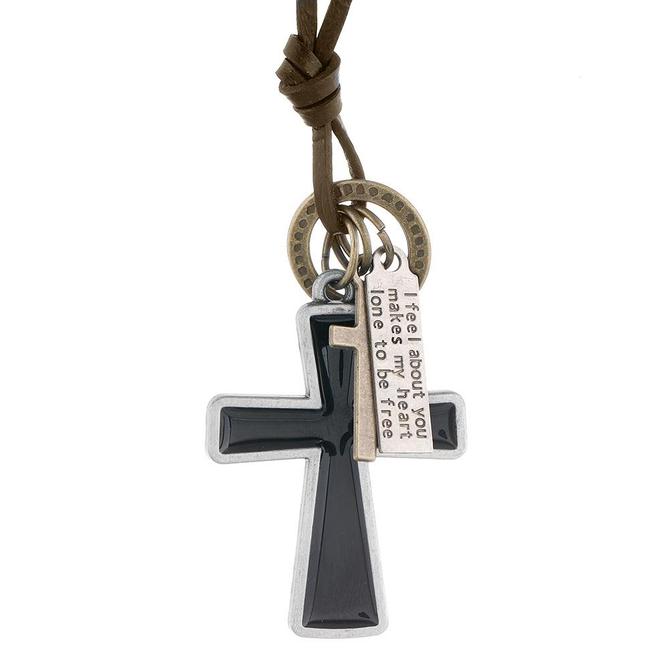 Genuine Leather Unisex Urban Cross Necklace Black