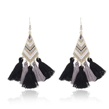 Load image into Gallery viewer, Bohemian Tassel Earring  Brass Black, Gray Tassel
