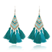 Load image into Gallery viewer, Bohemian Tassel Earring  Brass Teal Green Tassel
