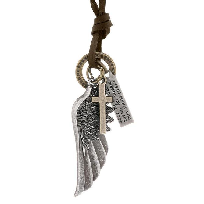 Angel Wing Urban Leather Necklace Ancient Silver