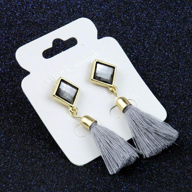 Fashion Gray Tassel Earring with white Rhinestone Stud