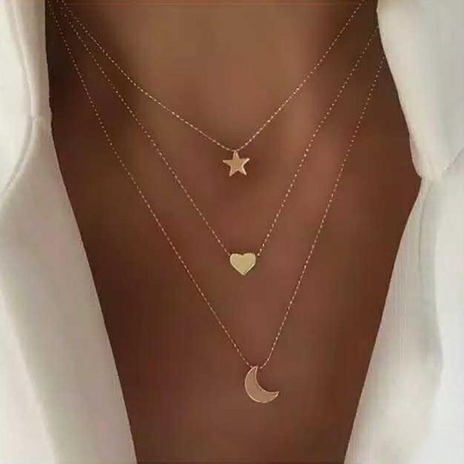 Multi Layer Necklace Choker 3 Layer Star, Heart, Moon Gold