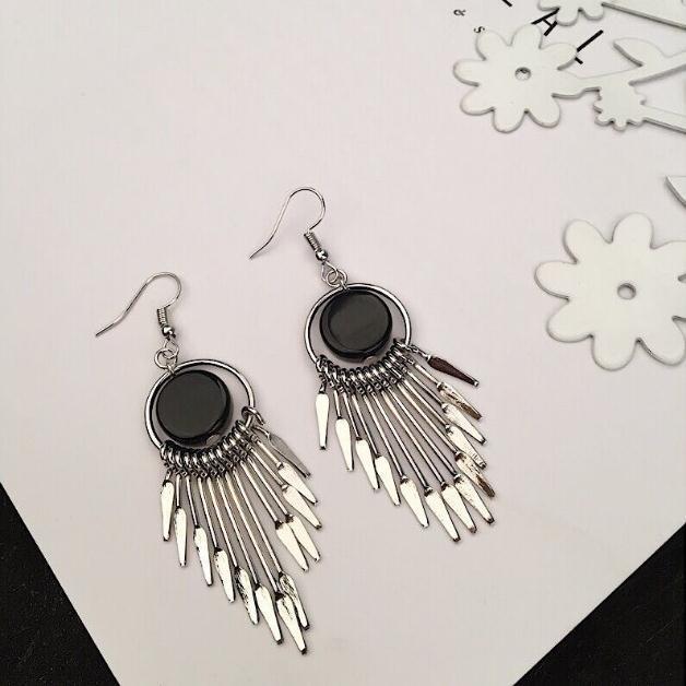 Bohemian Silver Black Tassel Earrings