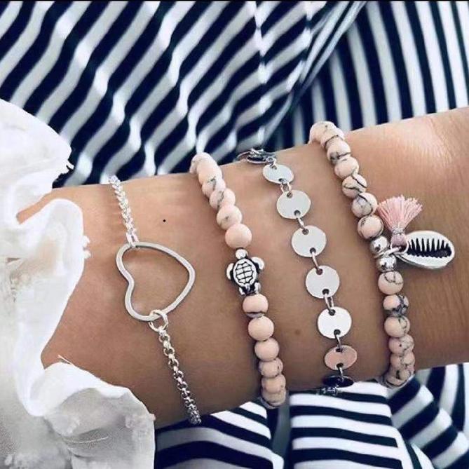 4-piece Bohemian Bracelet Set: Charms, Rope, and Chains - Shell, Turtle, Heart