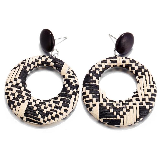 Woven Bamboo Rattan  Circle Earrings Retro Style Ear Drop Stud Earrings Brown