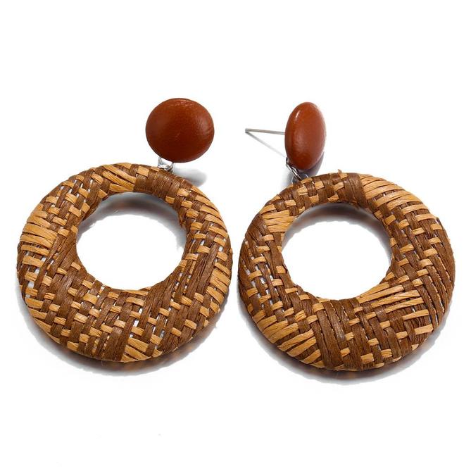 Woven Bamboo Rattan  Circle Earrings Retro Style Ear Drop Stud Earrings