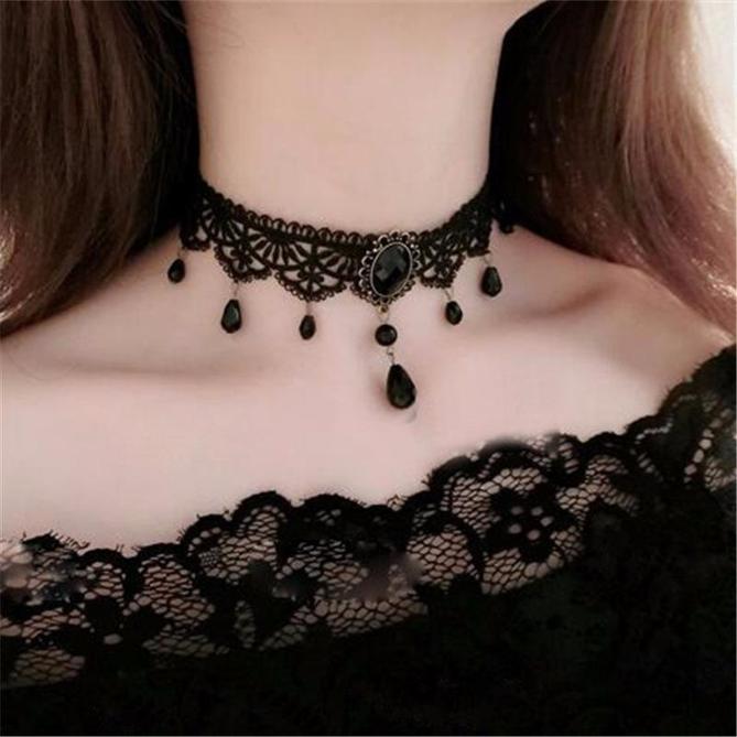 Black Lace Choker Necklaces Crystal Pendant